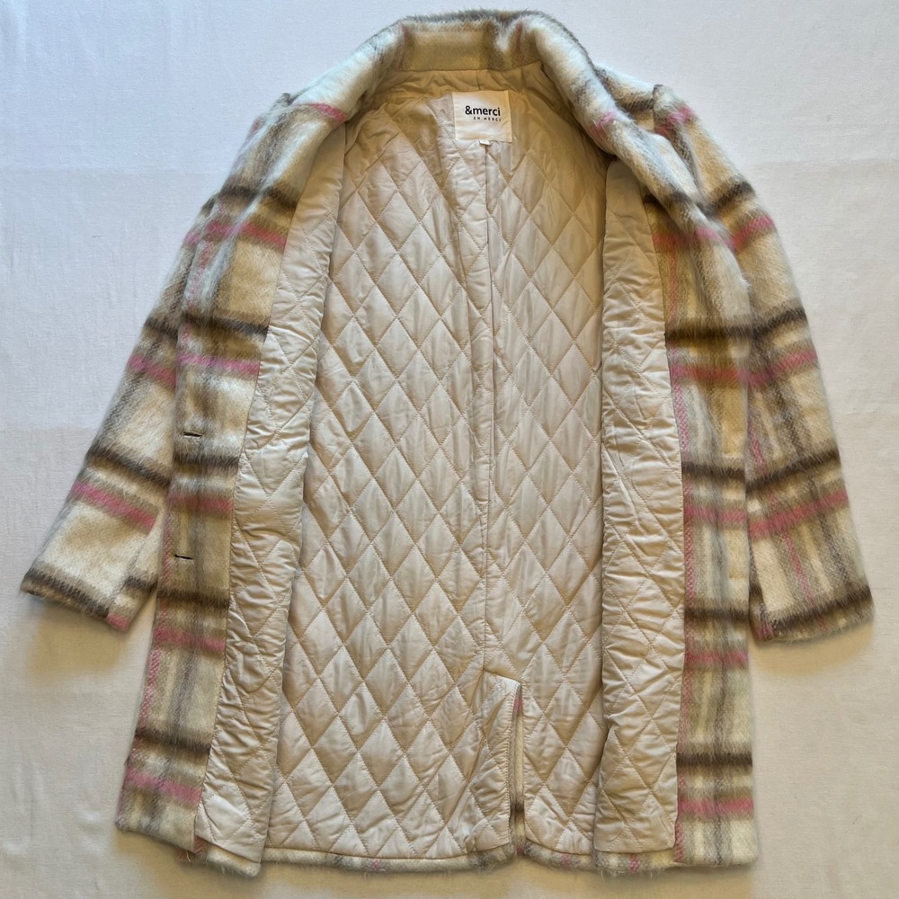 &merci Cream Pink Brown Plaid Fuzzy Classic Preppy Academia Longline Coat Size S - Picture 6 of 8